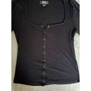 Maeve Anthropologie Ribbed Snap Front Top XS Black Square Neck Fitted